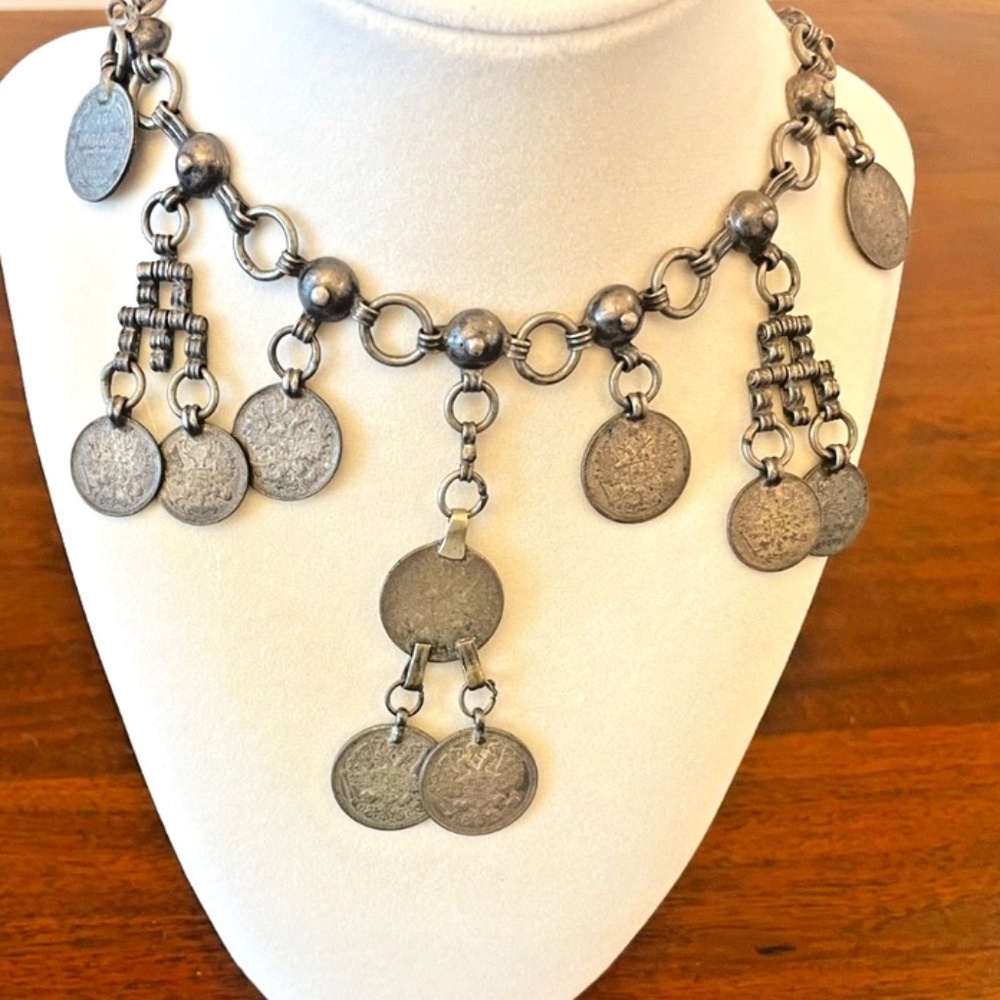 20" Russian Silver Coin Necklace with Kopeck Coins late 1800s-early 1900s